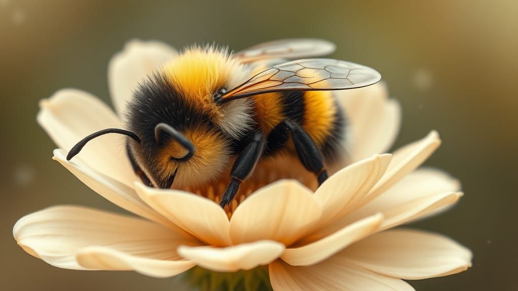 Sleepy Bumblebee on Delicate Flower, Whimsical Illustration