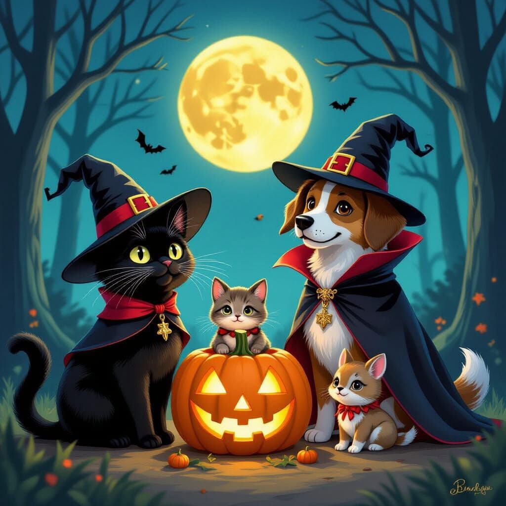 Whimsical Halloween Animals in Storybook Style