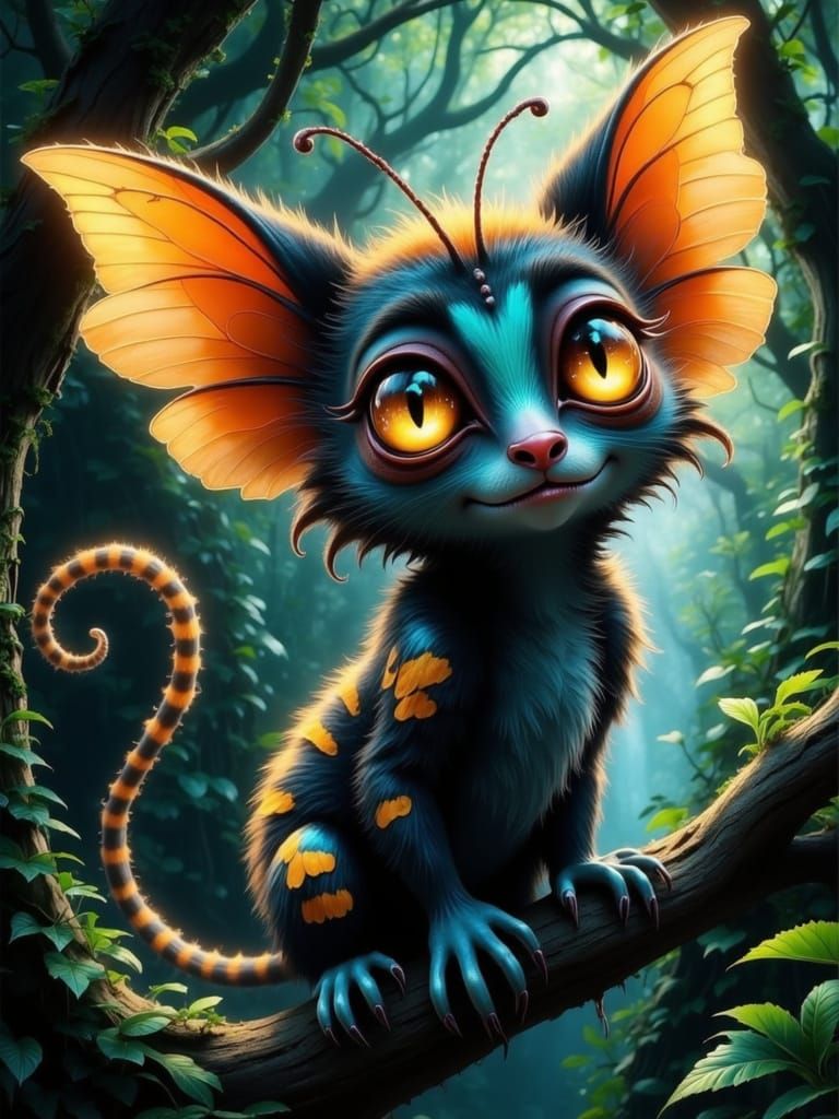 Adorable Ringtail Lemur Butterfly Hybrid in Rainforest Canop...