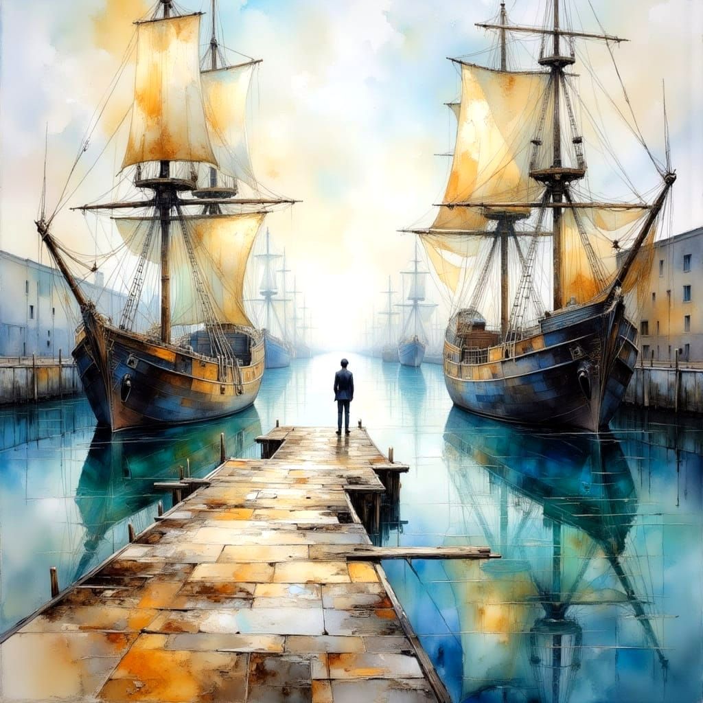 Painterly Ships in White, Blue, and Gold