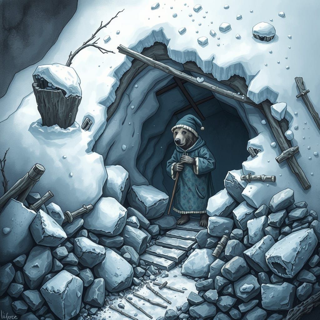 Bear in Dystopian Snowy Cave, Post-Apocalyptic Scene