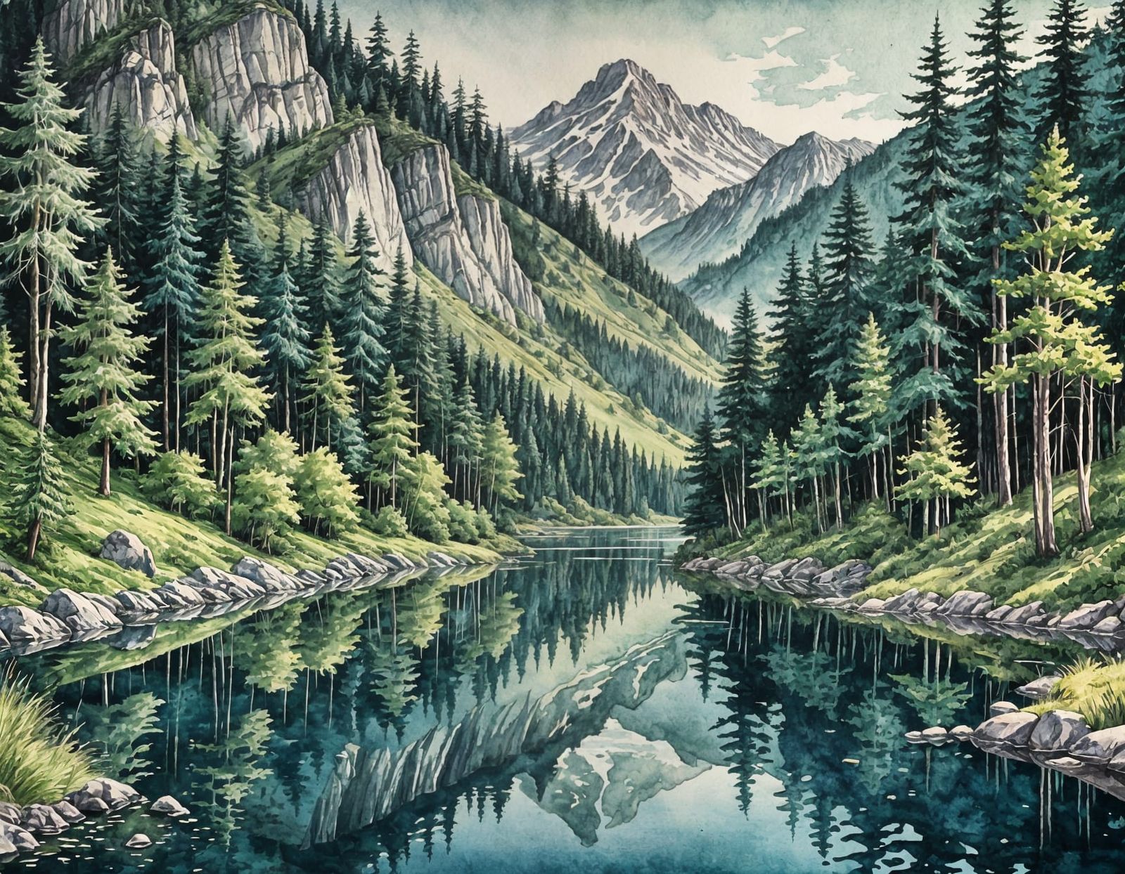 a landscape a mountain forest and lake green, blue, and crea...