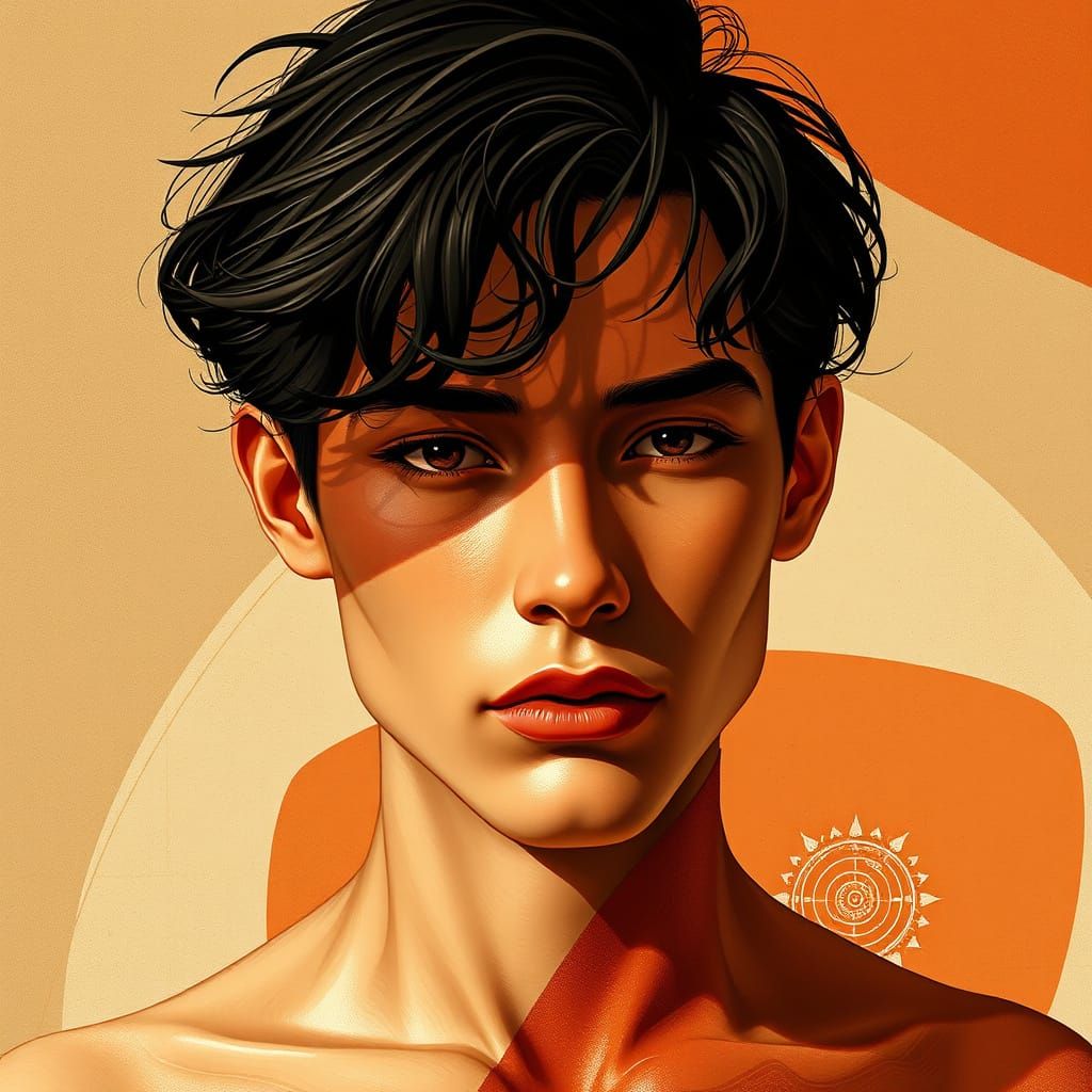 Earth-Toned Abstract Portrait with Sun Symbol