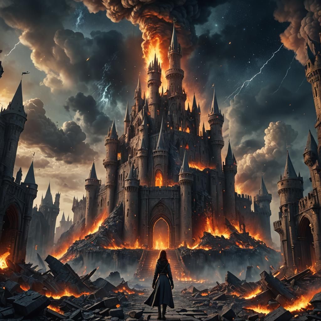 Woman in Ruined City with Castle, Fantasy Art