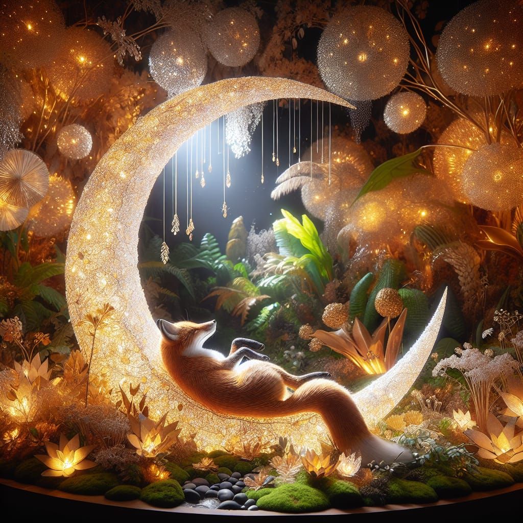 Fox Asleep on Golden Moon in Enchanted Forest