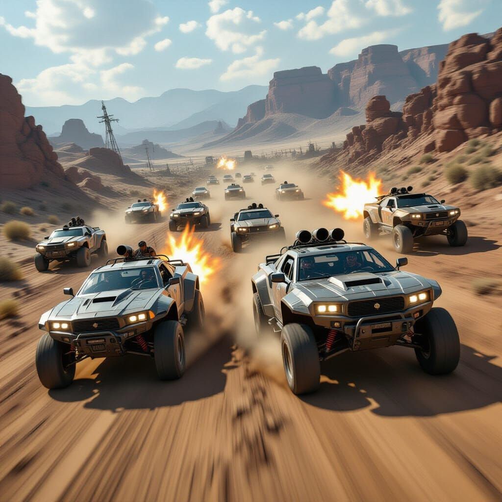 Armored Vehicles in Post-Apocalyptic Wasteland Chase