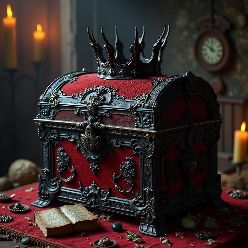 Gothic Baroque Chest with Exotic Relics in Dim Candlelight