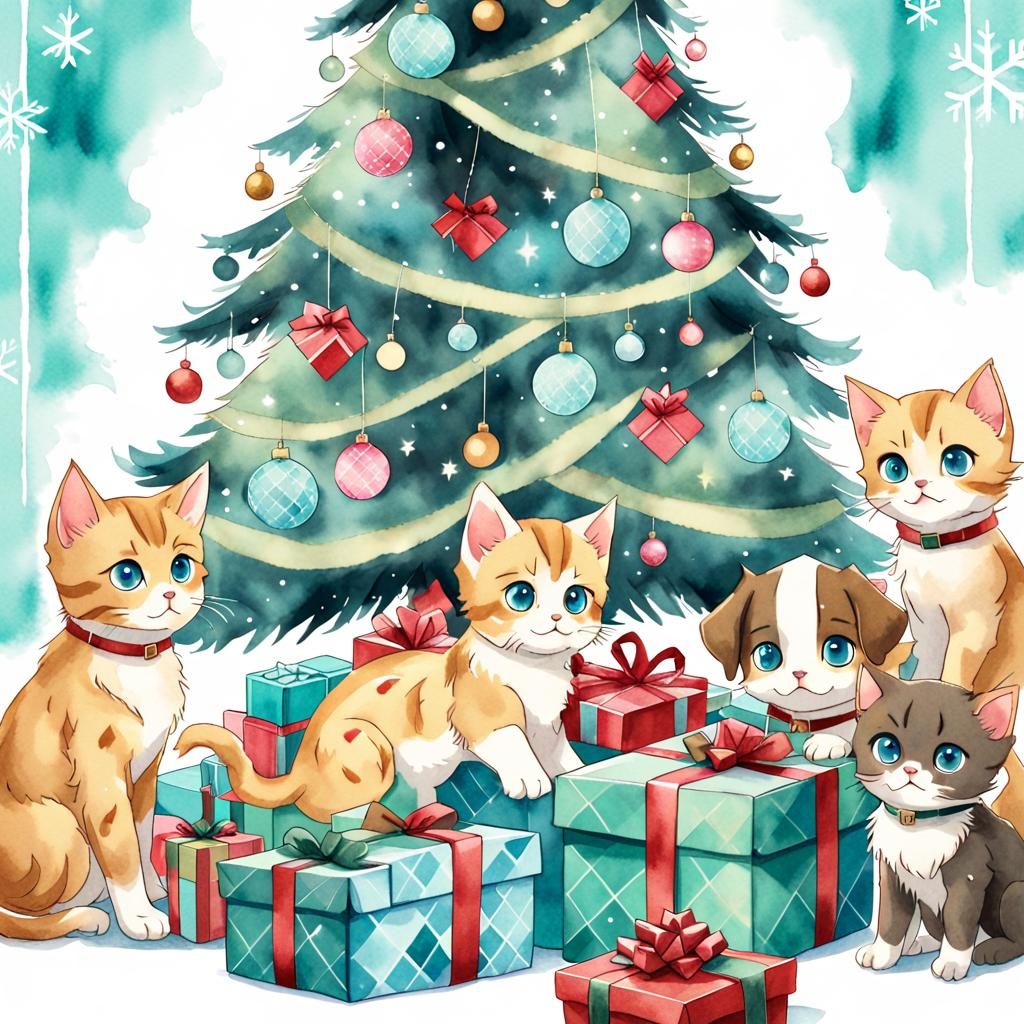 Kittens and Puppies Play Under Christmas Tree in Anime Style