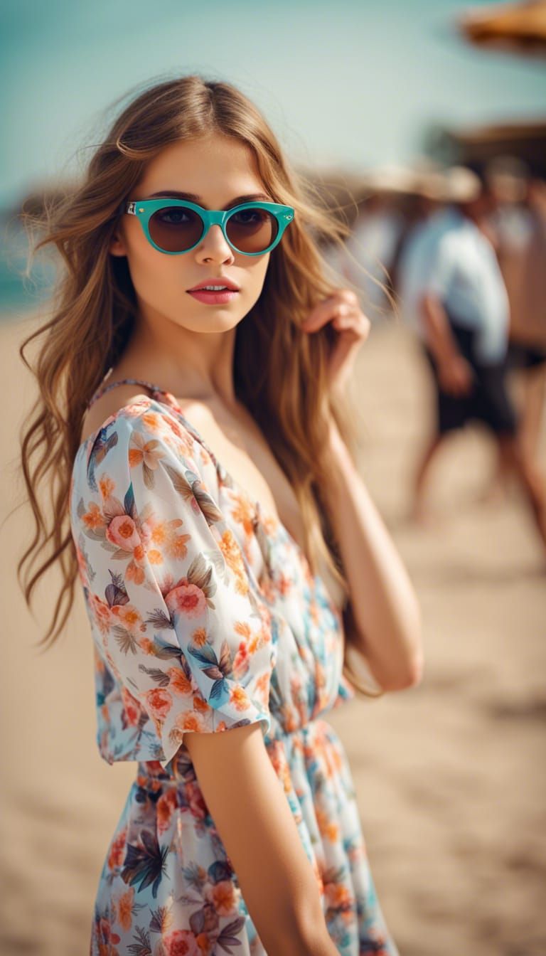 Fashion Show: Girl with Glasses in Beach Dress