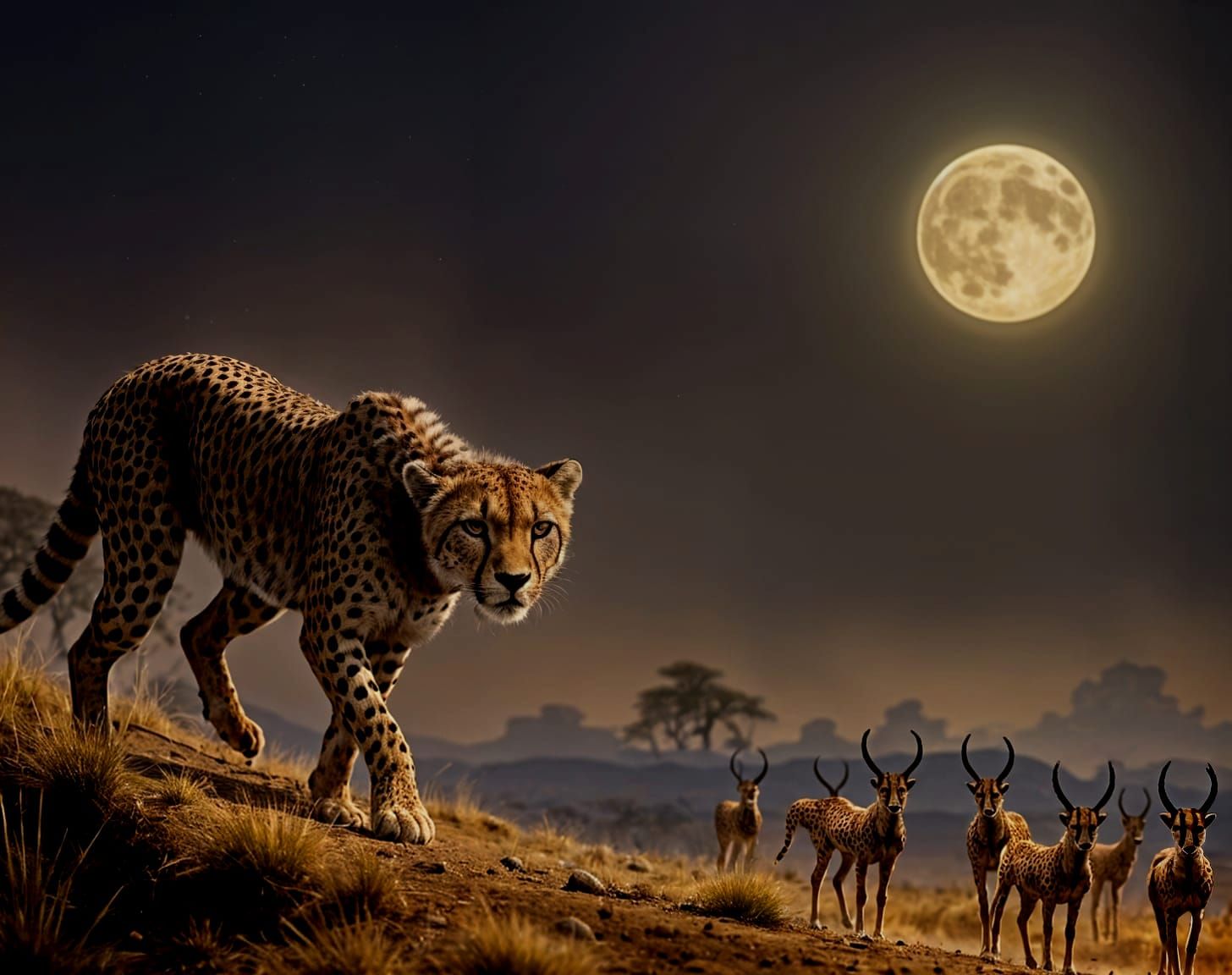 Cheetah Stalking Gazelles at Night