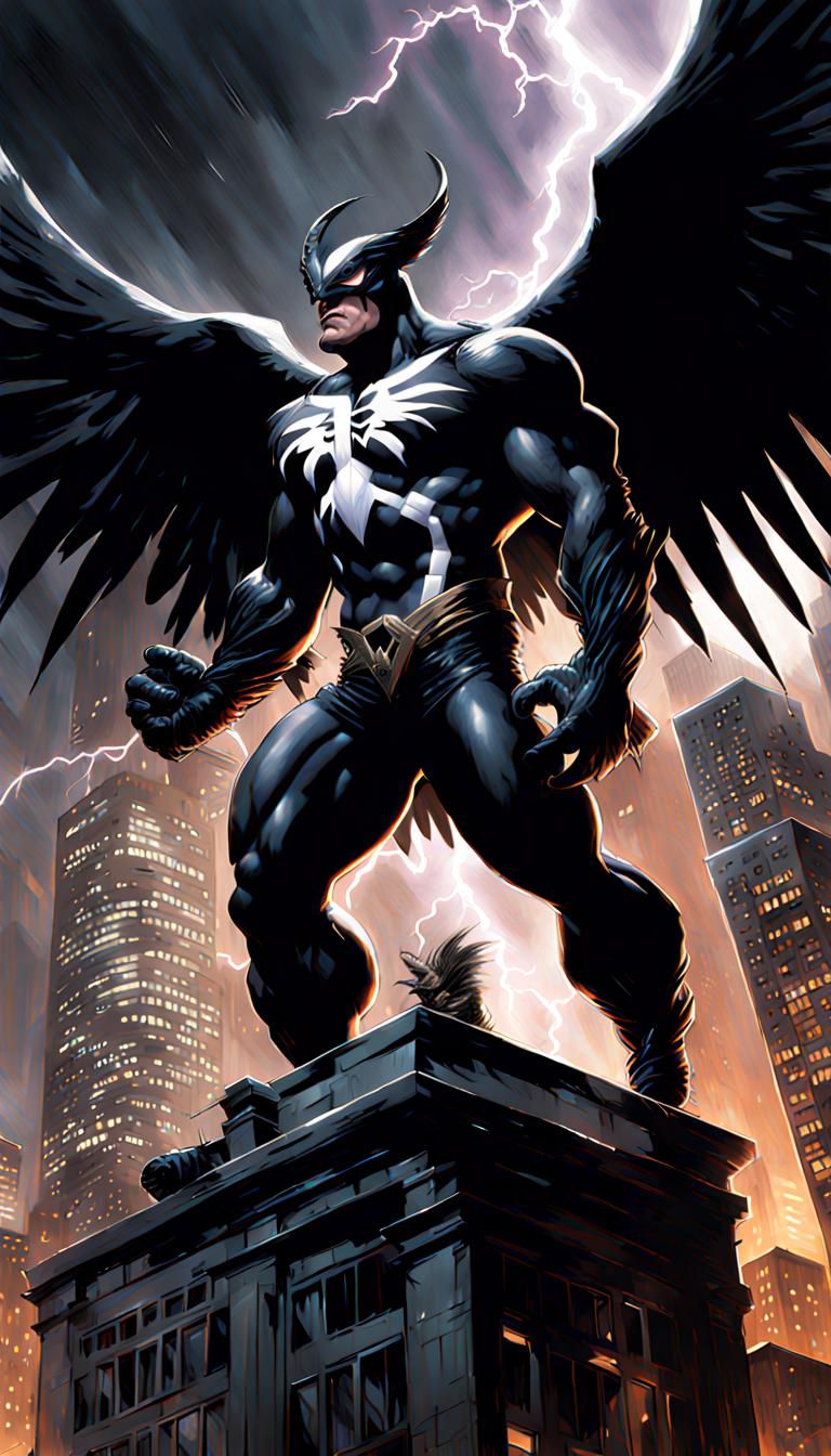 Venom Hawkman Amalgamation in Dystopian Thunderstorm