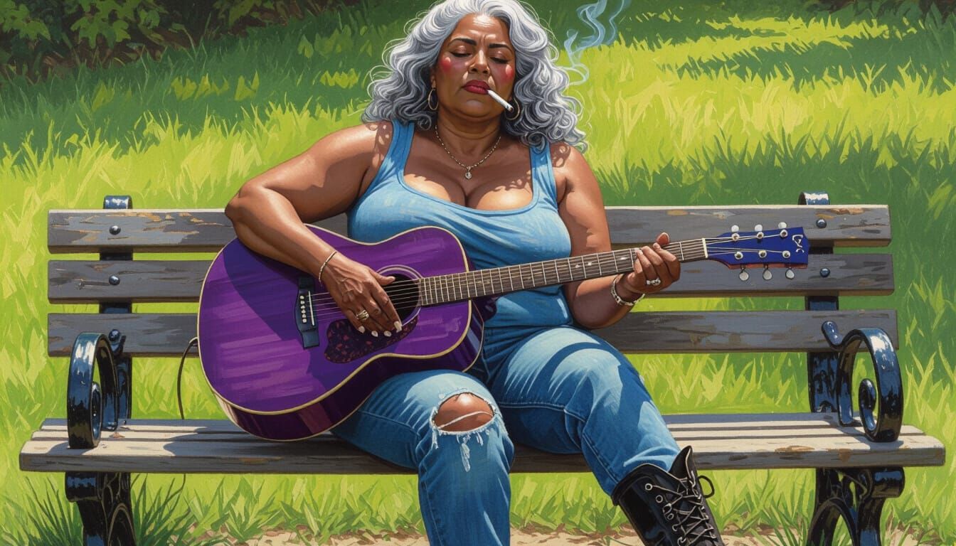 Woman with Guitar in Expressive Realism Style