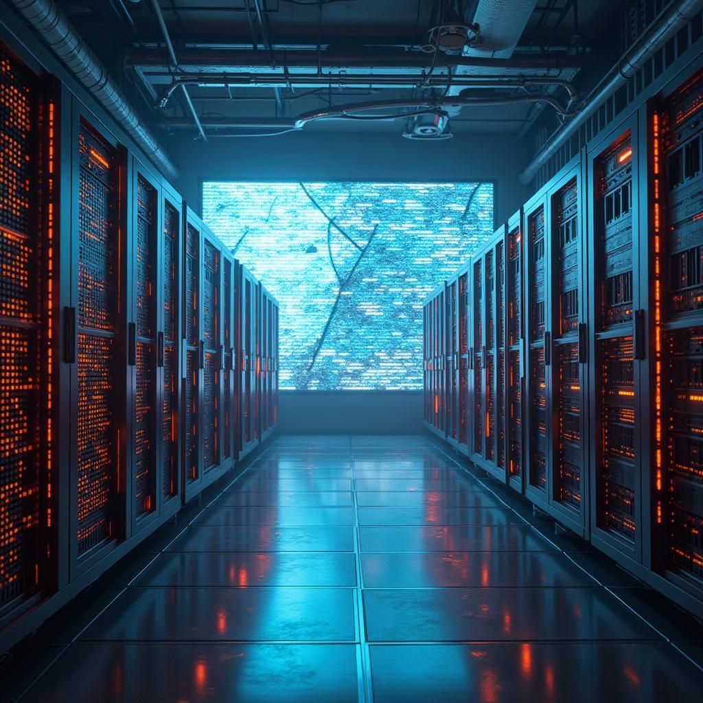 Futuristic Server Room Data Breach in Cyberpunk Style