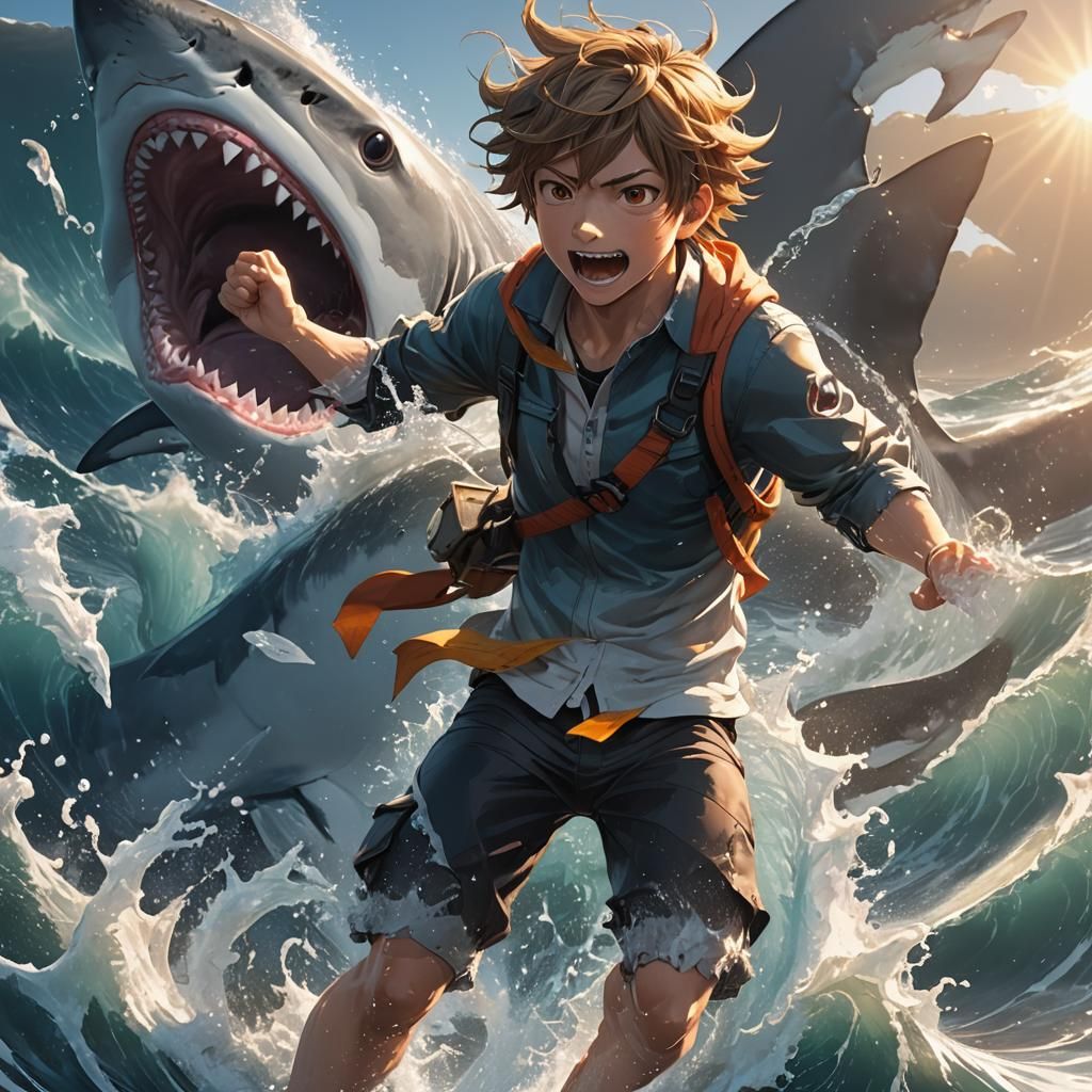 Boy Punches Shark in Anime Style Above Ocean