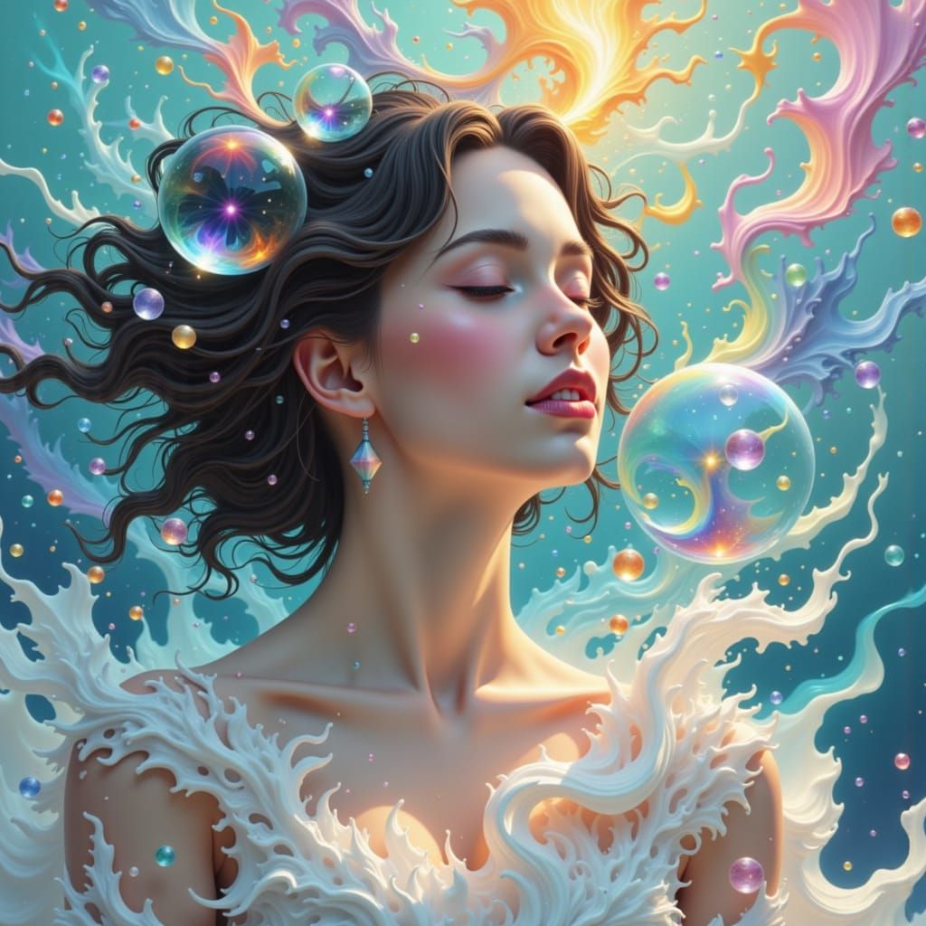 Woman Surrounded by Luminous Bubbles in Impressionist Style