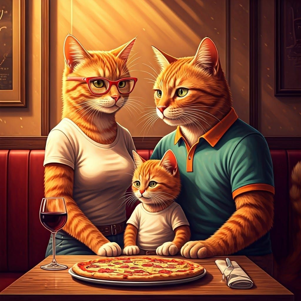 Ginger Cat Family Lunch in Lisbon, Whimsical Illustration
