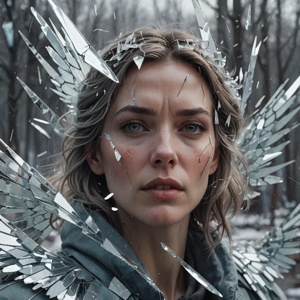 Icy Angel: Shattered Mirror Portrait in Matte Painting Style