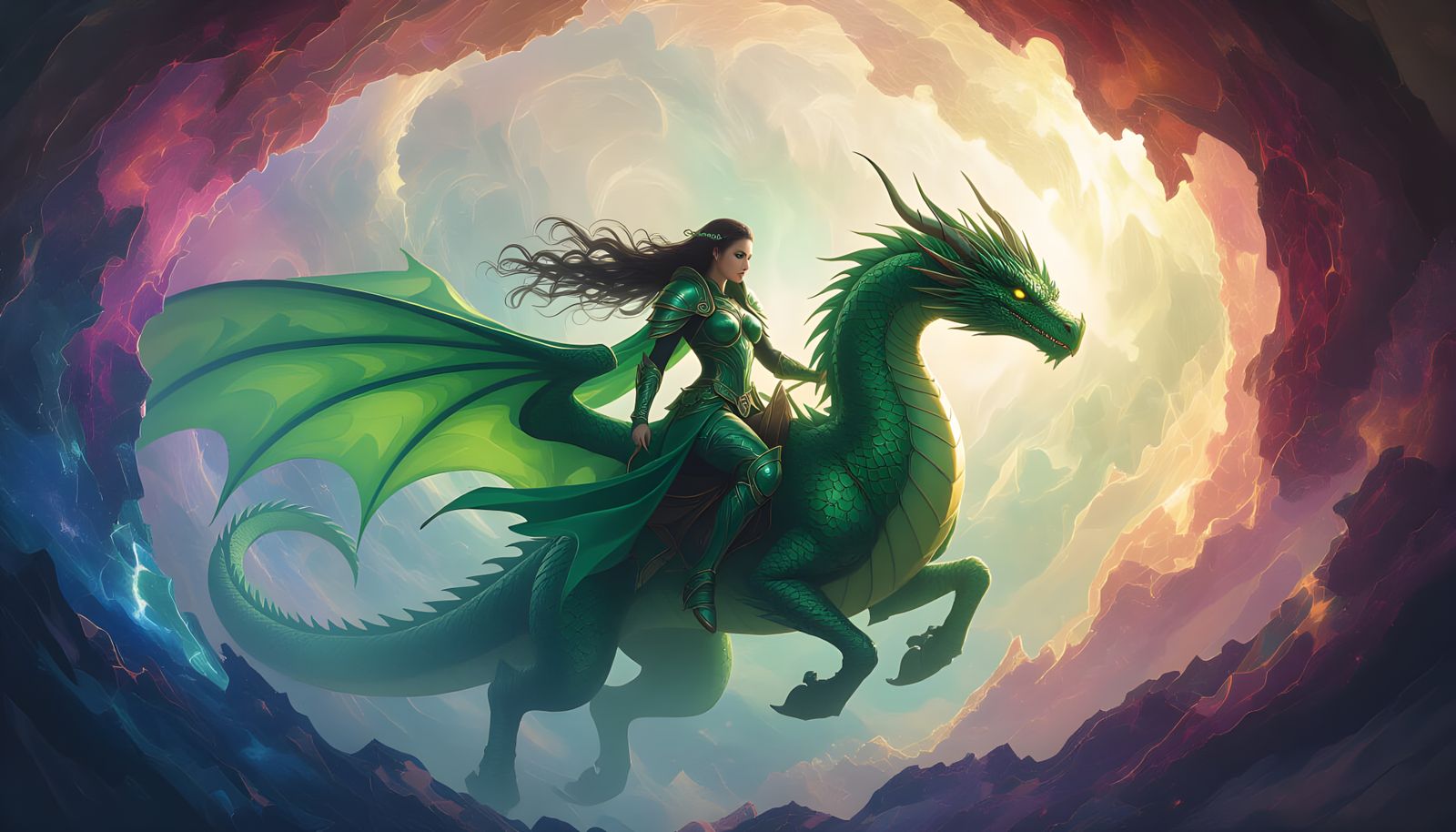 Emerald Dragon Warrior Rides Celestial Dragon