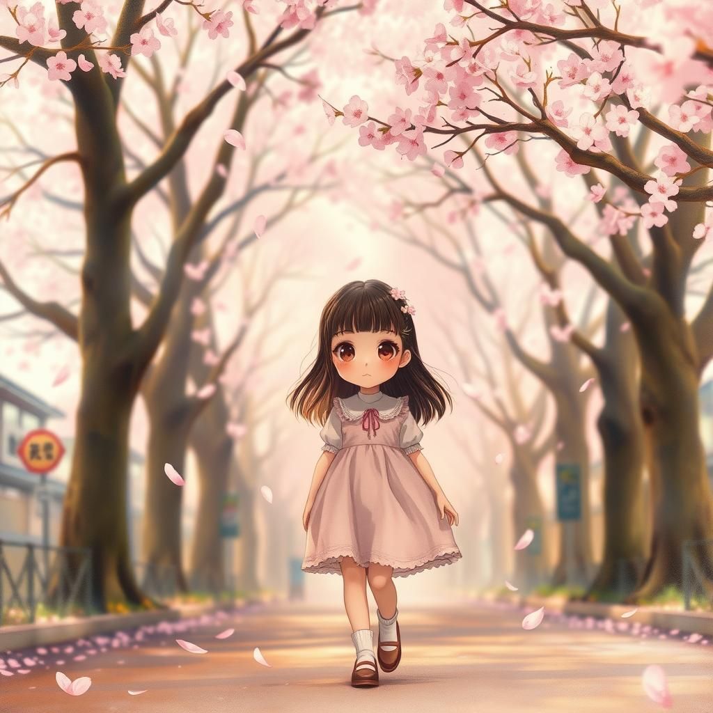 Girl Walks Among Cherry Blossoms in Watercolor Style