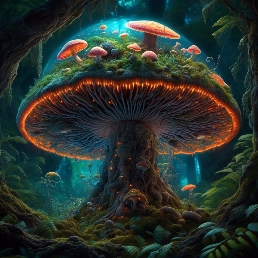 Biomechanical Forest: Mushroom and Fern Fusion in Psychedeli...