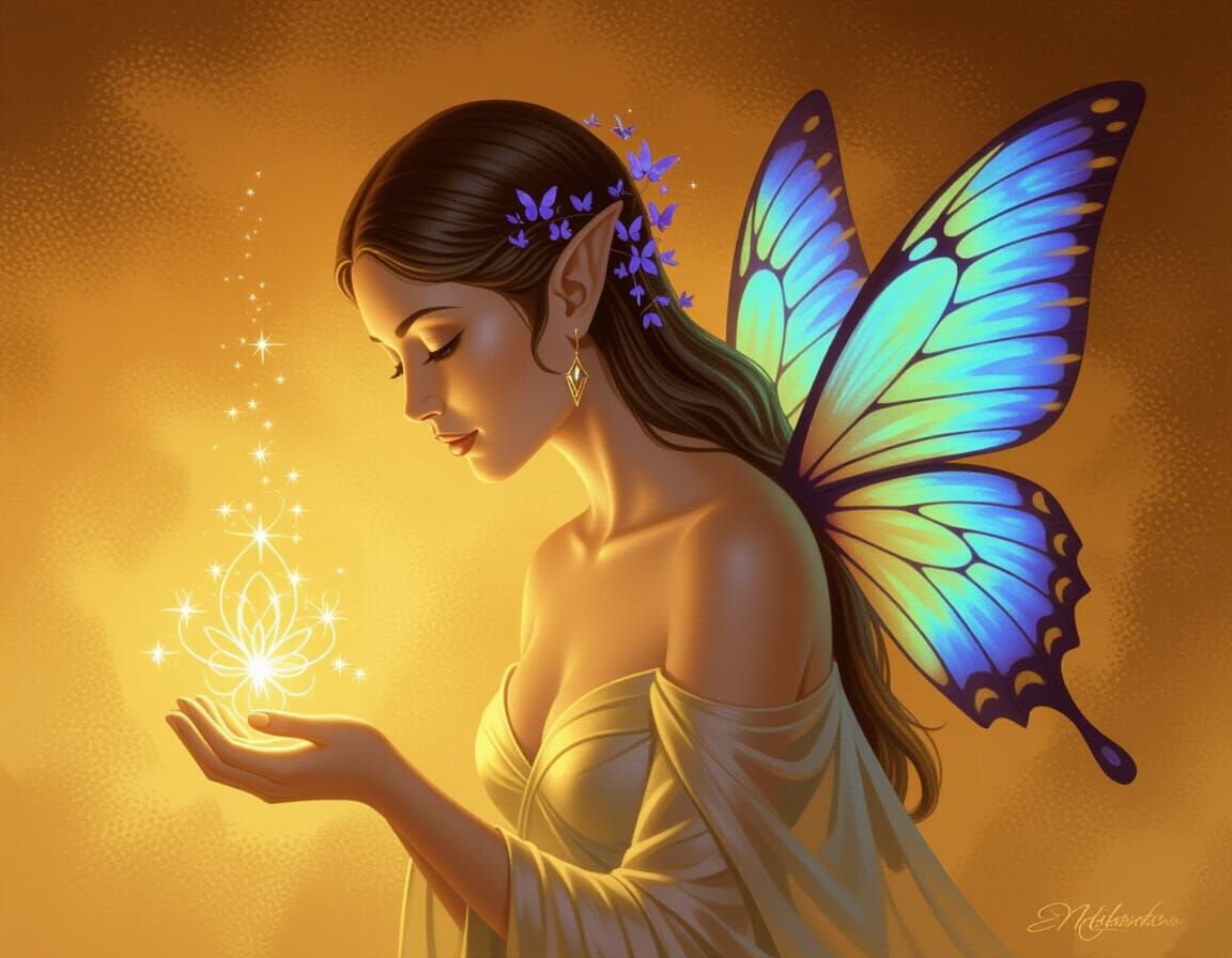 Ethereal Woman with Fairy in Golden Light