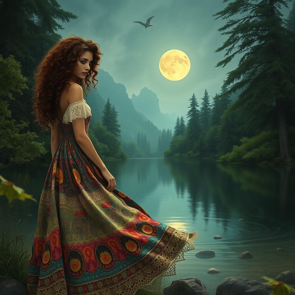 Bohemian Woman at Moonlit Lake: Mystical Illustration
