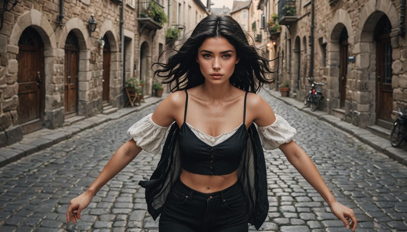 Beautiful Woman Hovering Above Cobblestone Street