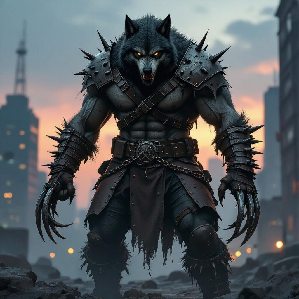 Muscular Wolf Man with Chains and Spikes in Gritty Cityscape