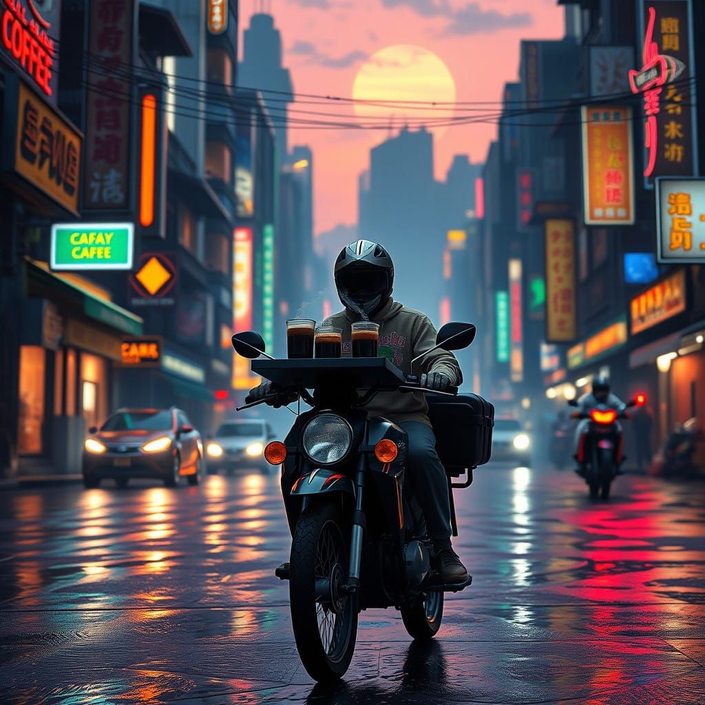 Mystical Coffee Vendor in Fantasy Cityscape