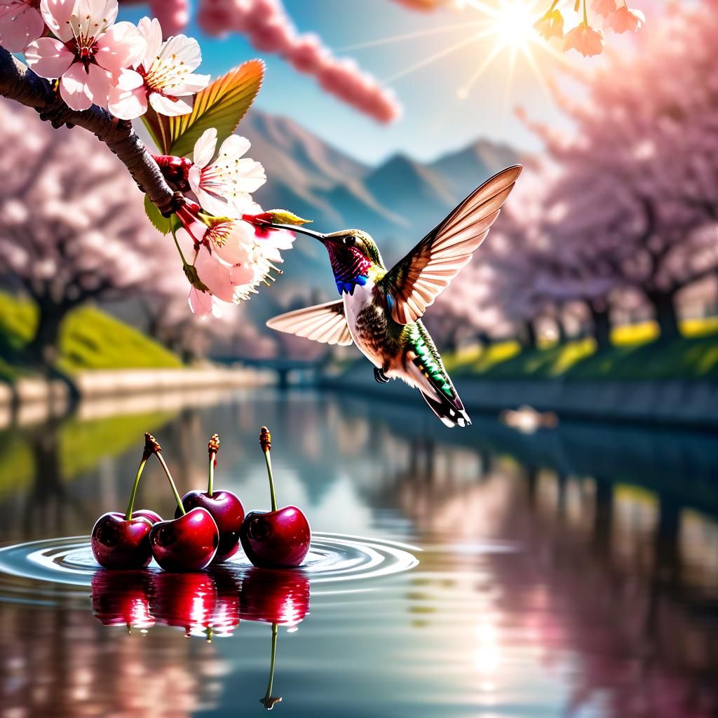 Hummingbird Delivers Cherries over Water in Hyperrealism