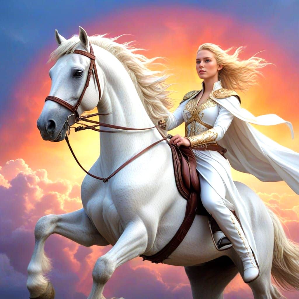Valkyrie Rides a Rainbow-Colored Steed in Dramatic Hyperreal...