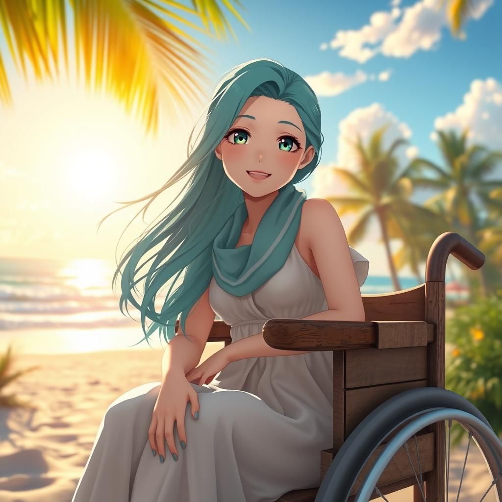 Turquoise-Haired Anime Girl at Tropical Beach