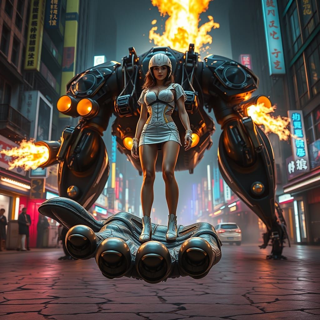 Heroic Biker Conquers Cyberpunk Robot