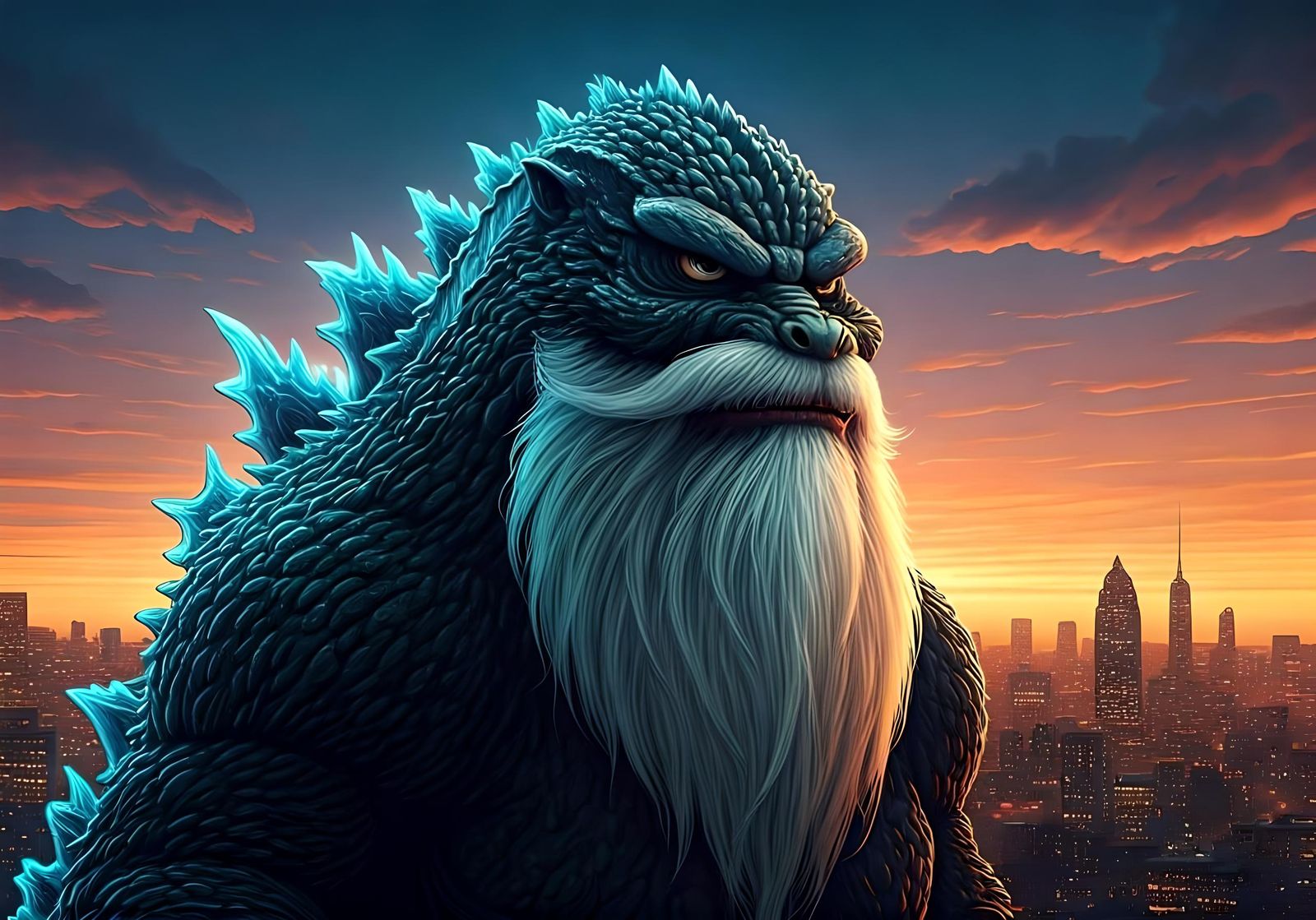 Godzilla as a Wise, Bearded King at Sunset