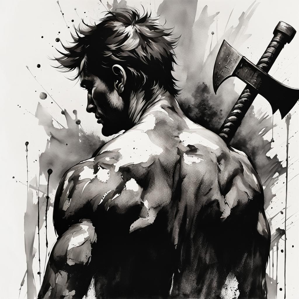 Monochrome Ink Wash Painting of Warrior with Axe