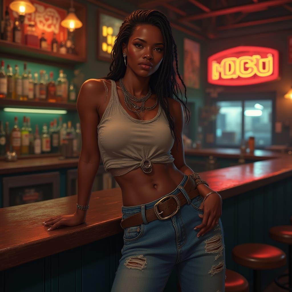 Confident African American Woman at a Dimly Lit Roadhouse Ba...