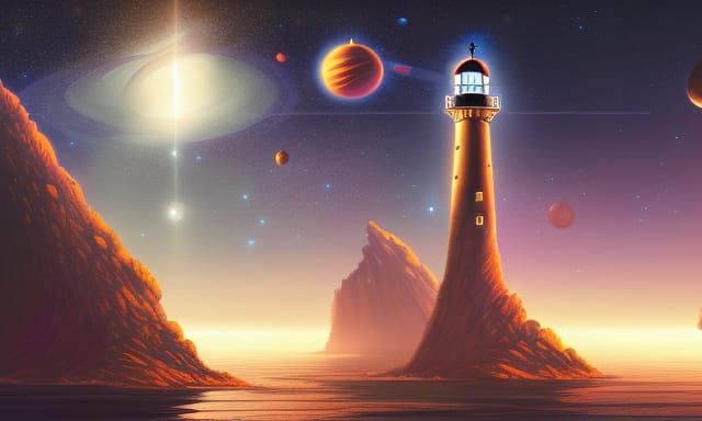 Alien Lighthouse with Spinning Galaxies, Detailed Matte Pain...