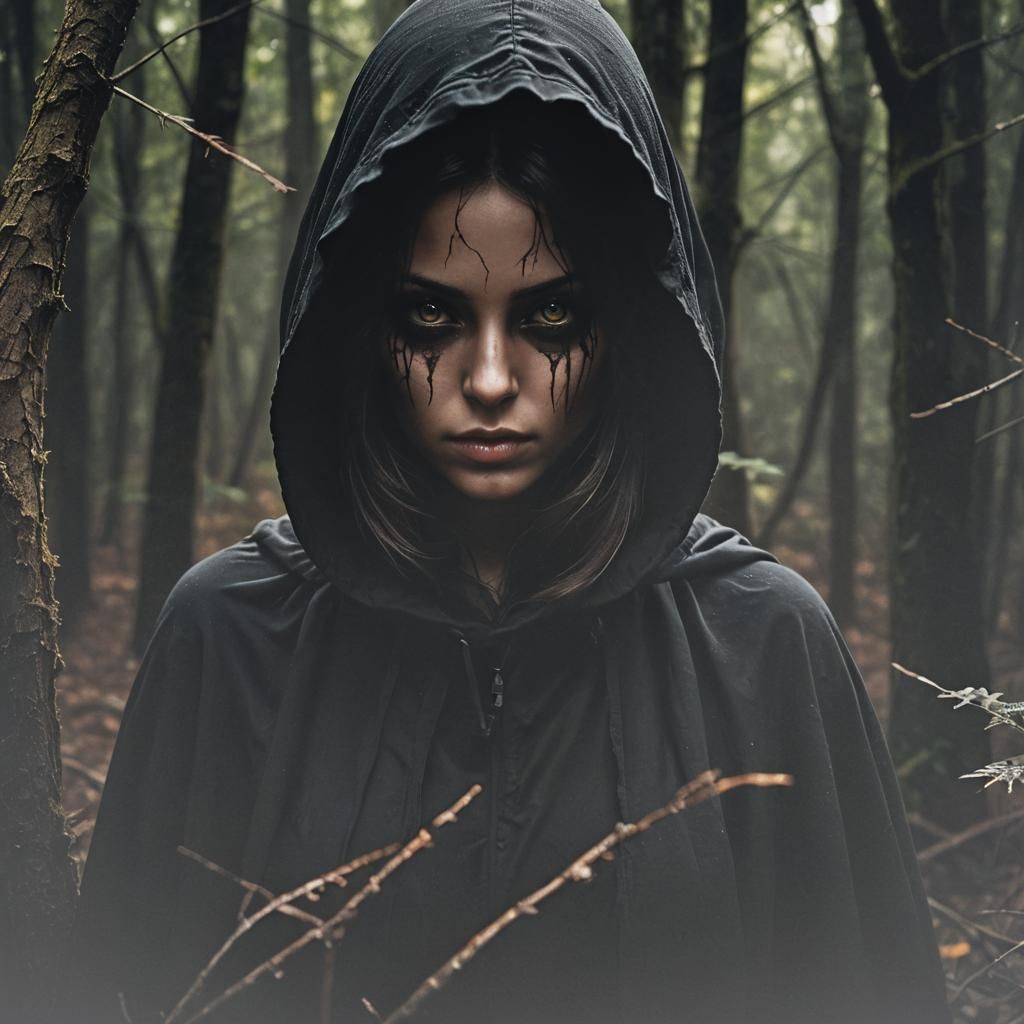 Eerie Hooded Figure with Amber Eyes in Shadows