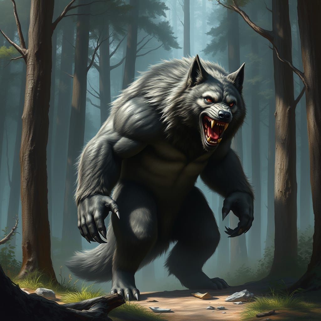 Dark Fantasy Epic: Muscular Werewolf in Hyper-Realistic Wood...