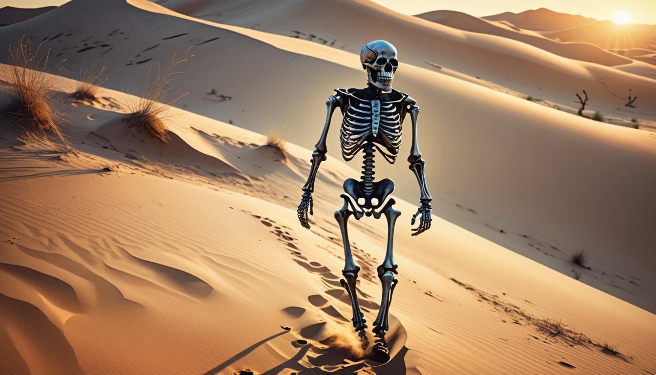 Skeleton Walks Desert Dunes at Sunrise