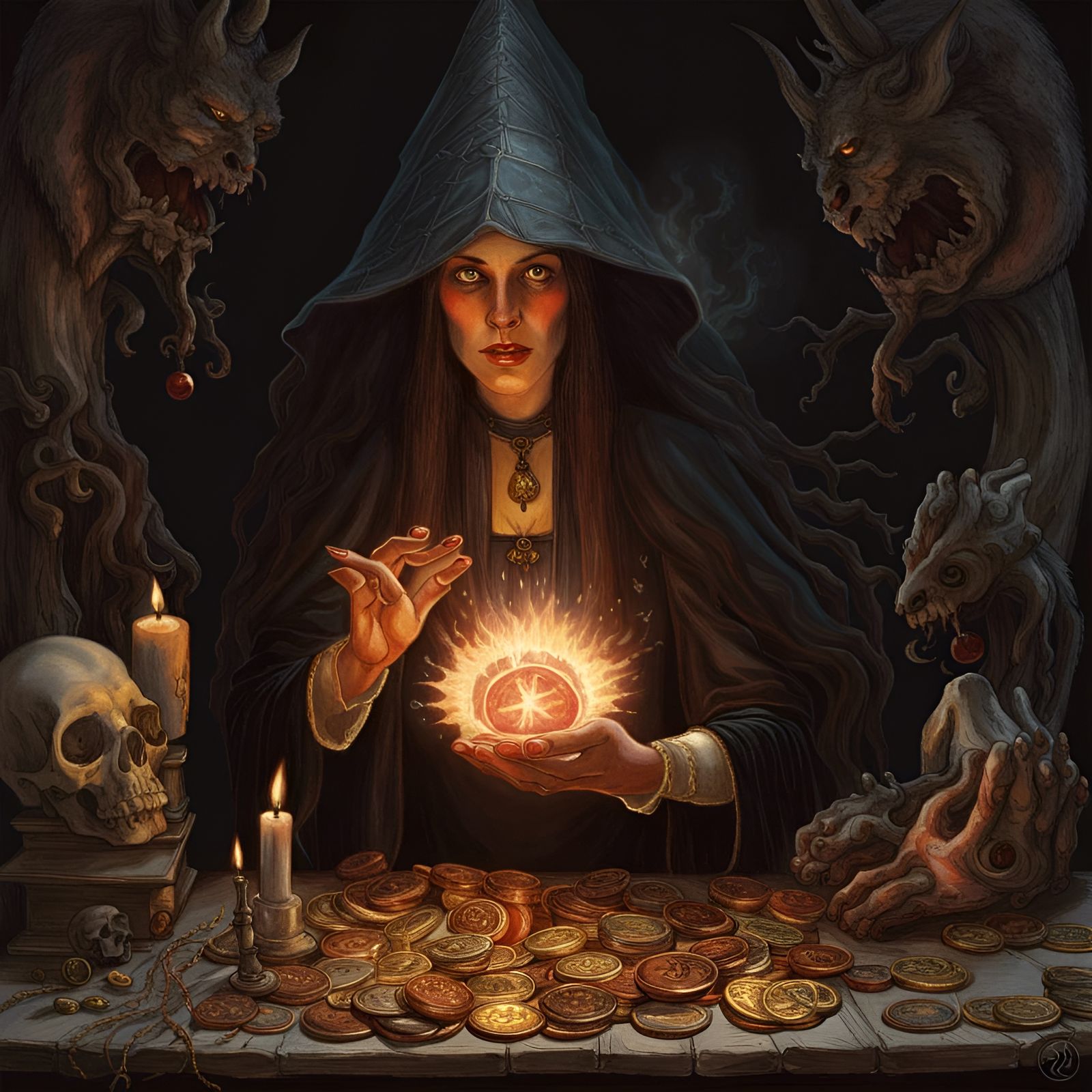 Witch making a deal with a cthonic spirit: Material wealth in this life for her soul