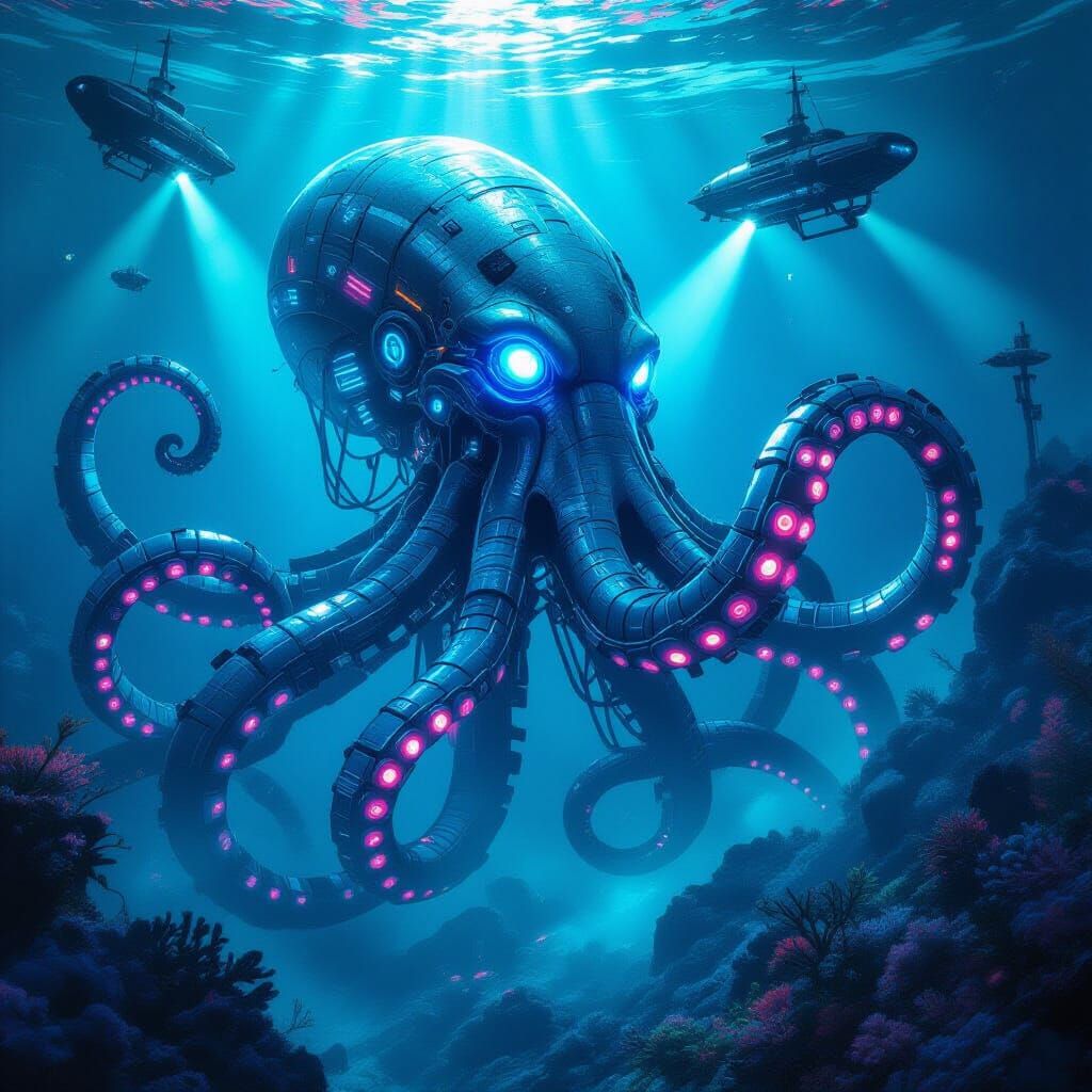 Cyborg Kraken Emerges from Neon Ocean Depths