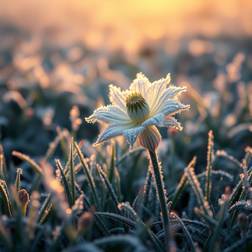 Ethereal Frost-Kissed Blooms on Frozen Meadow in Soft Mornin...