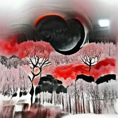 Dramatic Red Sky Over Monochrome Forest Landscape