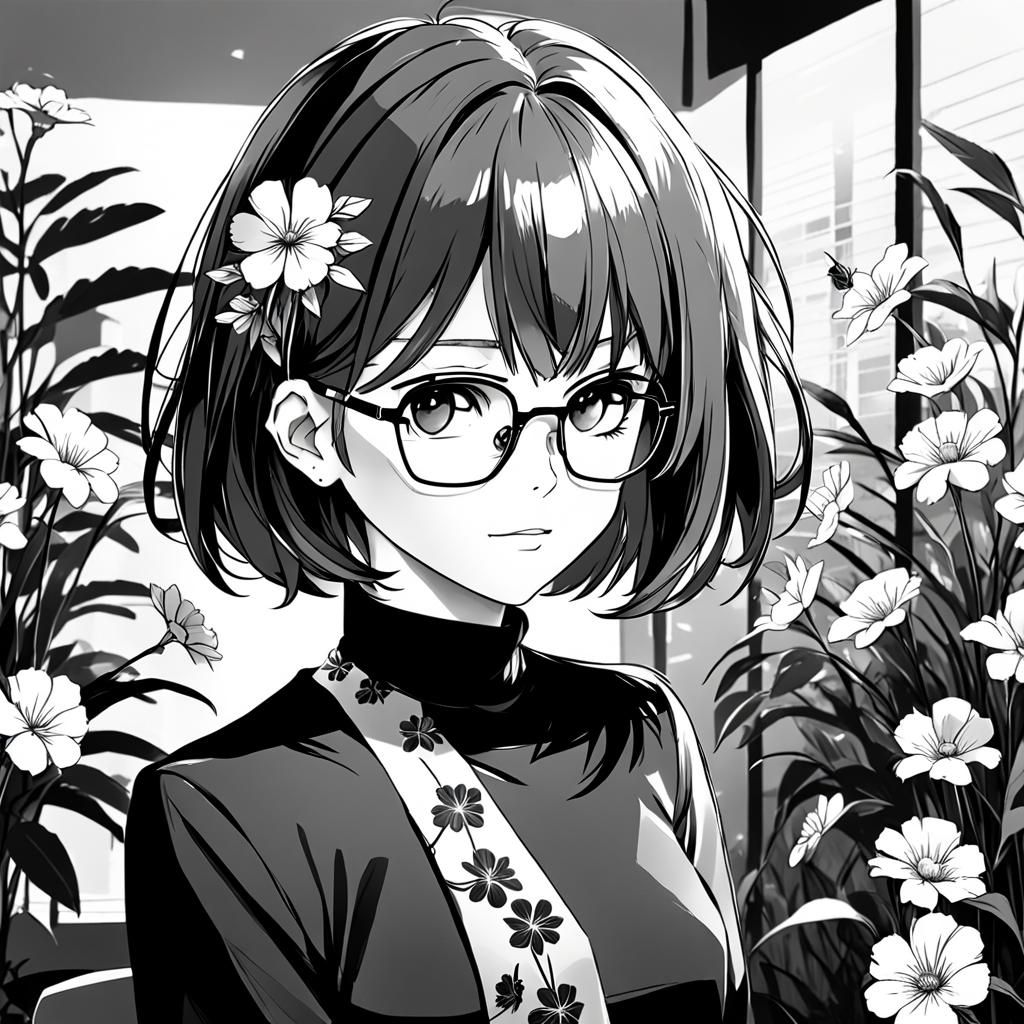 Black and White Manga Office Girl with Flower