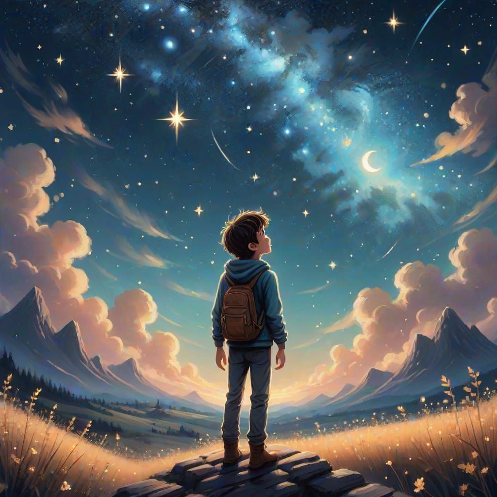 Whimsical Boy Stands Alone Under Starry Night Sky in Dreamy ...