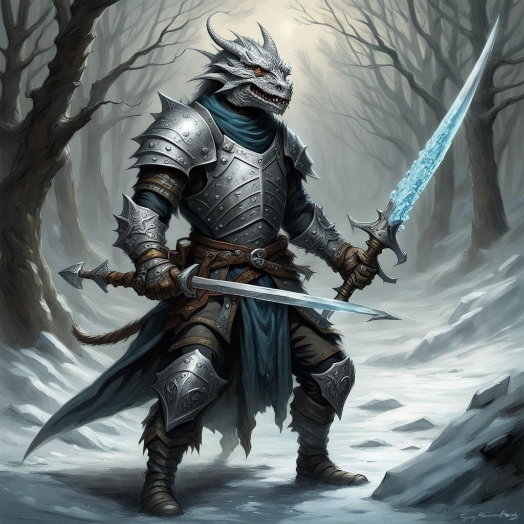 Dragonborn Rogue with Ice Rapier in Dark Fantasy Style
