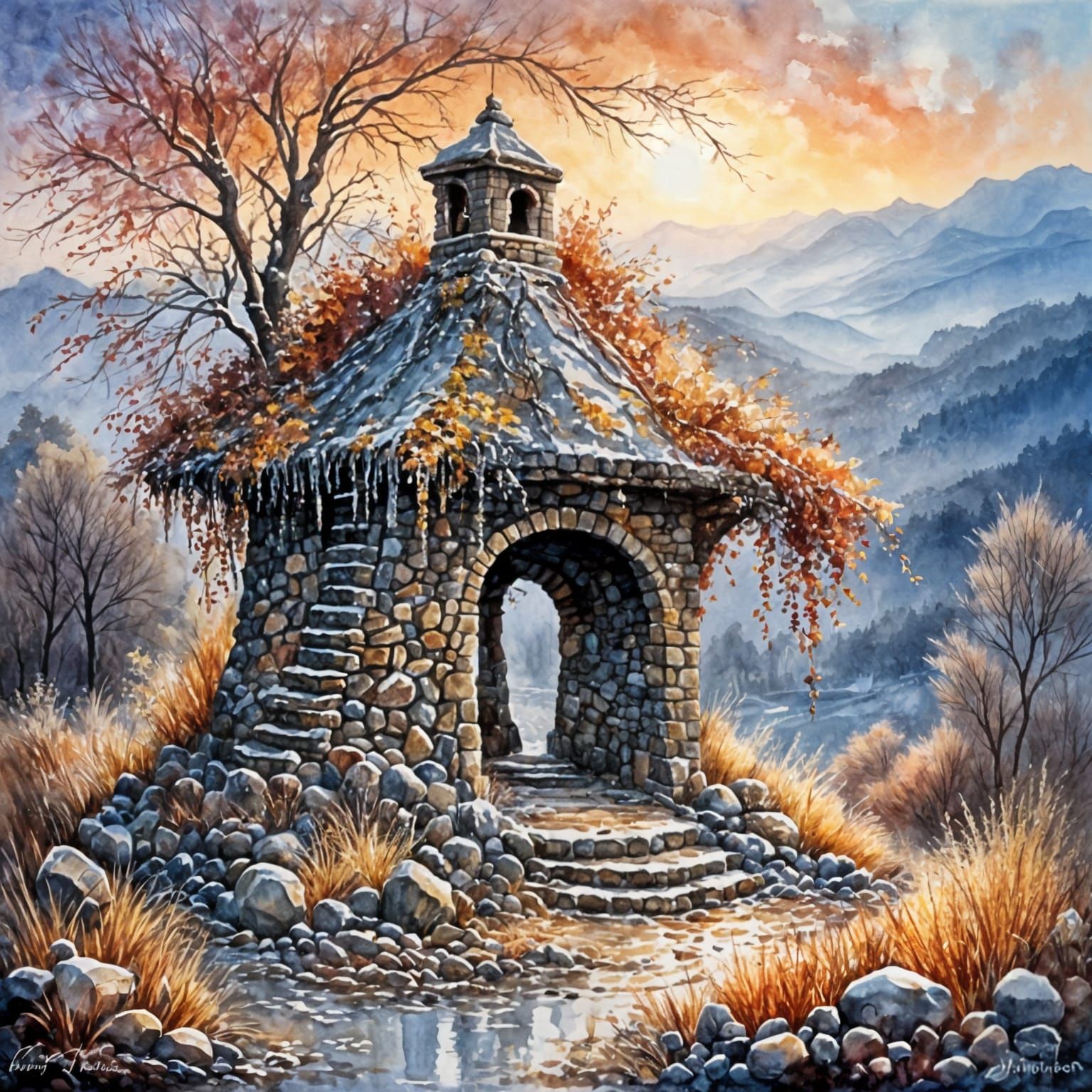 Frosty Winter Morning: Old Well in Watercolor
