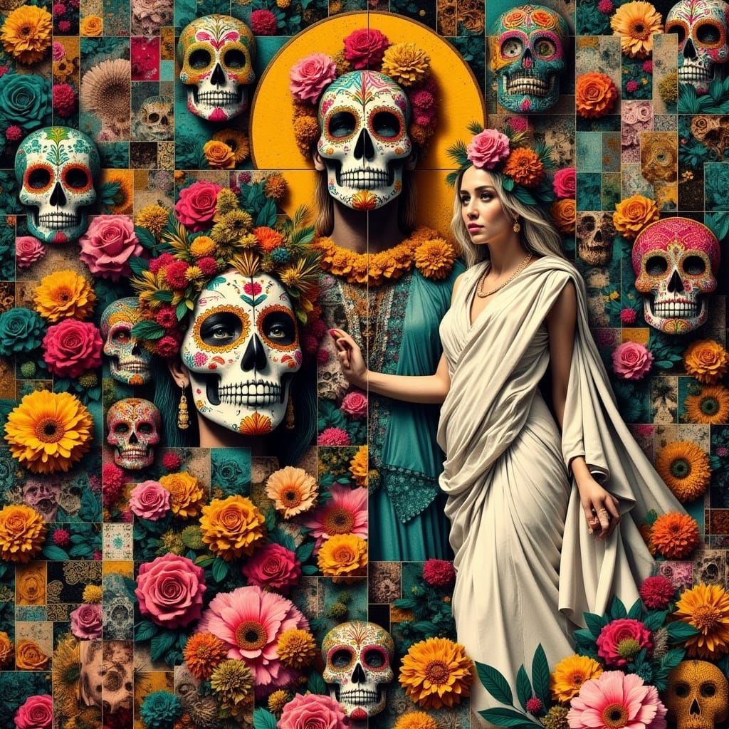 Medusa and Apollo in Day of the Dead Mixed Media