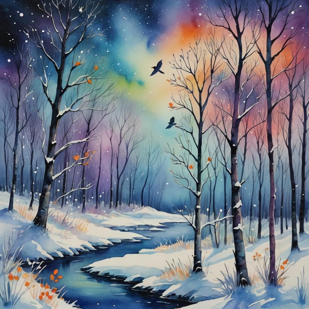 Snowbirds Celebrate Christmas Under Aurora: Watercolor Paint...